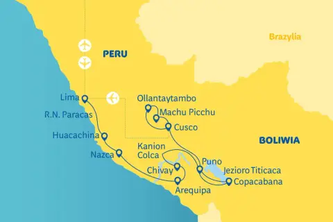 Mapa Peru pokazuje, gdzie jest Machu Picchu, blisko Cusco i Ollantaytambo.
