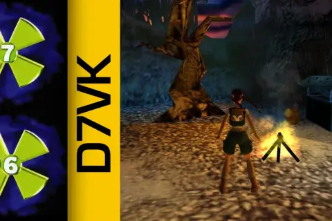 Lara Croft przy ognisku, obok napis D7VK. W tle deszcz i jaskinia.