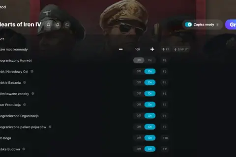 Interfejs programu WeMod z włączonymi **hoi4 kodami**, takimi jak nieograniczone zasoby i szybka budowa, ułatwiający rozgrywkę w Hearts of Iron IV.