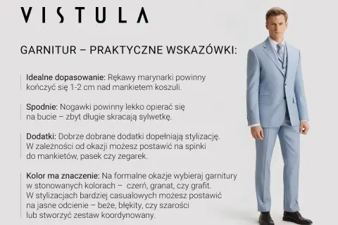 Mężczyzna w błękitnym garniturze Vistula. Porady dotyczące idealnego dopasowania, spodni, dodatków i koloru, które pomogą wybrać odpowiednie marki garniturów.