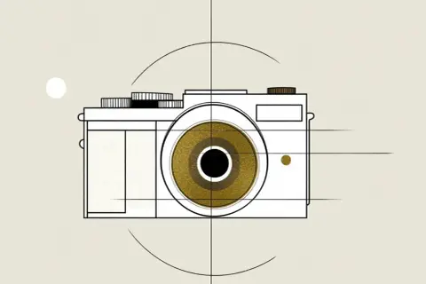 Stylizowana grafika aparatu z złotym obiektywem, symbolizująca kluczowe elementy ekspozycji w fotografii.