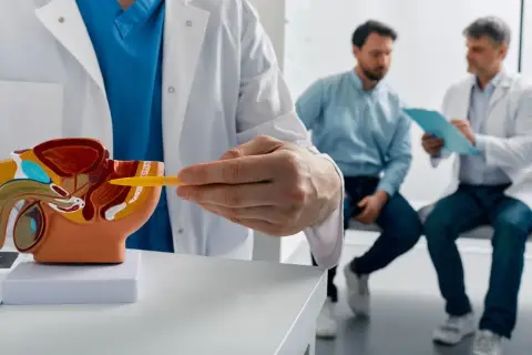 Lekarz omawia z pacjentem model układu moczowo-płciowego, wskazując na obszar prostaty. Rozmowa dotyczy potencjalnych objawów raka prostaty.
