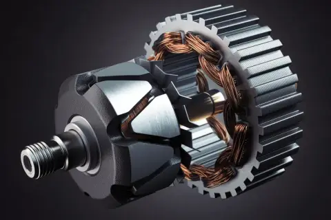 Close-up of an electric motor's stator, showcasing its copper windings and metal core. This is what is a stator: the stationary part of an electric motor.