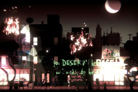 Nocne miasto w ogniu, z napisem "You deserve hell" jako headliner. W tle księżyc i znak "City Life".