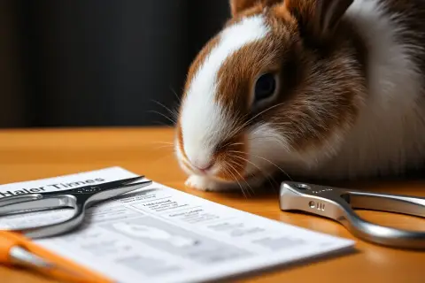 Królik obok nożyczek i obcinaczki do pazurów na papierze.