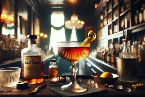 Elegancki Sazerac w kieliszku, obok butelka z etykietą "Sazerac", cytryna i lód. Klimatyczny bar w tle.
