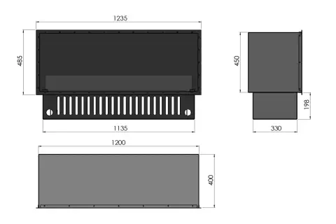 Schematyczny rysunek techniczny z wymiarami kominka po zabudowie: szerokość 1235 mm, wysokość 485 mm, głębokość 330 mm.