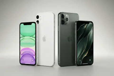 Dwa iPhone'y 11 i dwa iPhone'y 11 Pro w różnych kolorach. Porównanie iphone 11 wymiary.