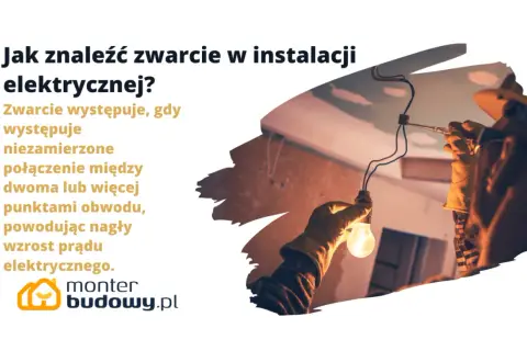 Elektryk naprawia instalację, szukając przyczyny zwarcia. Żarówka świeci, sygnalizując problem.