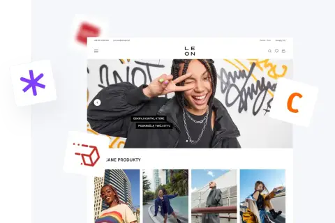 Strona główna sklepu internetowego z modą, prezentująca kampanię marketingową z młodymi ludźmi i ubraniami.