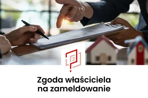 Podpisanie dokumentu: oświadczenie o wyrażeniu zgody na zamieszkanie najemcy w lokalu. W tle małe domki.