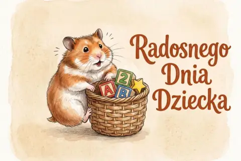 Uroczy chomik z koszykiem klocków i gwiazdką. Graficzne, śmieszne życzenia na Dzień Dziecka.