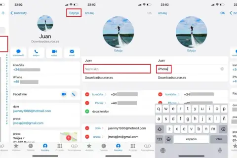 Zrzuty ekranu z iPhone'a pokazujące edycję nazwy kontaktu "Juan" na "Juan iPhone".