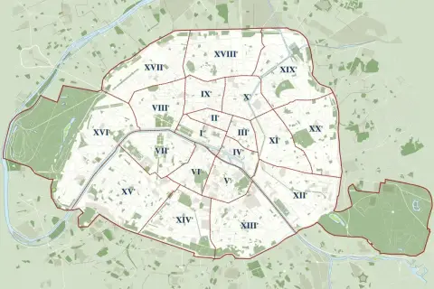Mapa Paryża podzielona na dzielnice (arrondissements) z zaznaczonymi granicami.