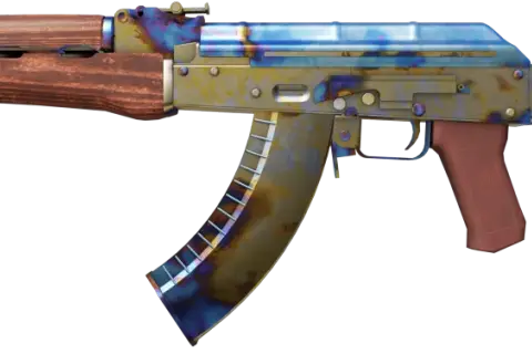 Karabin AK-47 z drewnianymi elementami i metalem o tęczowym, case hardened wykończeniu.