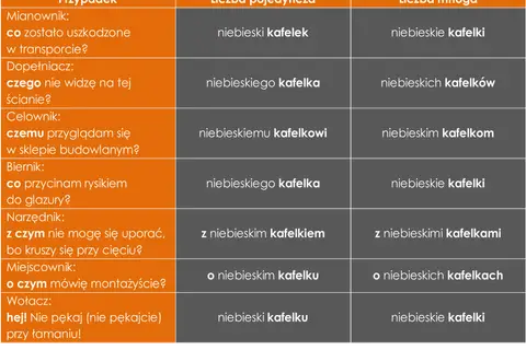 Tabela z przypadkami gramatycznymi i odmianą słowa "niebieski kafelek" w liczbie pojedynczej i mnogiej.