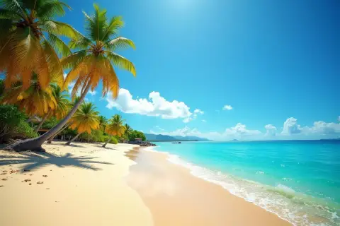 Rajska plaża z palmami i turkusową wodą. Idealne miejsce, by znaleźć odpowiedzi na pytanie, kiedy najtaniej na Dominikanę.