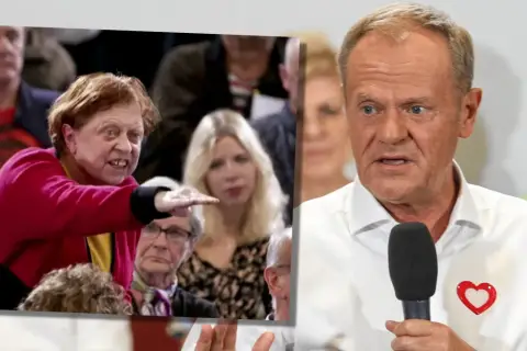 Kobieta w czerwonej bluzce gestykuluje, przemawiając do tłumu. Obok Donald Tusk w białej koszuli z sercem, gotów do odpowiedzi.
