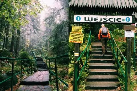 Kamienne schody wiodące do wejścia na szlak. Mglisty las i zielone poręcze tworzą magiczną atmosferę. To jedne z wielu atrakcji w okolicy.