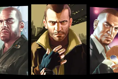 Trzech bohaterów z gry GTA 4, Niko, Roman i Johnny, w stylu GTA 4 remaster.