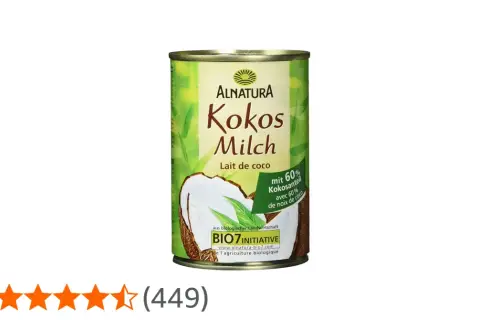 Alnatura Kokosmilch: Ja, ist kokosmilch vegan. Die Dose zeigt eine Kokosnuss und Blätter.