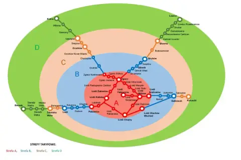 Mapa stref taryfowych dla biletu samorządowego, pokazująca linie kolejowe i przystanki wokół Łodzi.