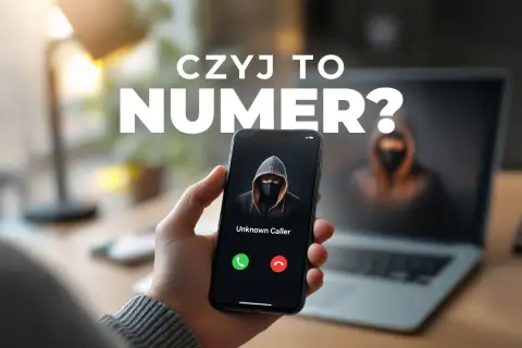 Czyj to numer? Telefon z nieznanym dzwoniącym, w tle sylwetka hakera. 453 jaka to sieć?