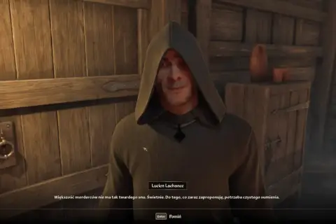 Lucien Lachance, członek gildii złodziei w grze Oblivion, w kapturze, mówi o mordercach i czystym sumieniu.