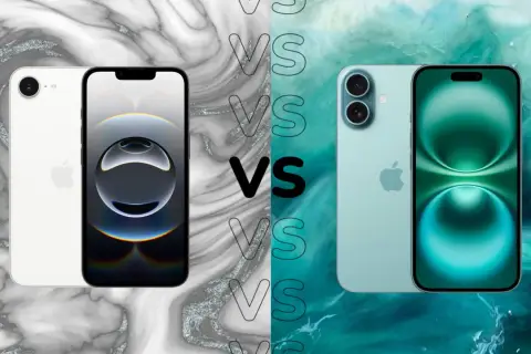 Porównanie iPhone 15 vs 16: dwa modele telefonów Apple na tle marmuru i turkusowej wody.