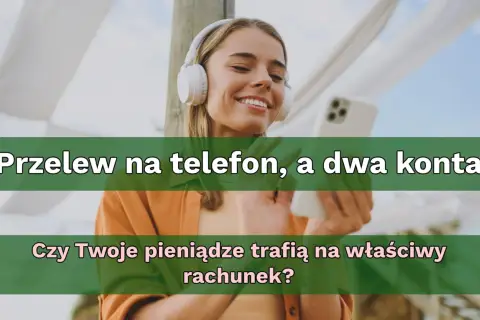 Uśmiechnięta kobieta w słuchawkach trzyma smartfon. Czy przelew na telefon jest bezpieczny i trafi na właściwy rachunek?