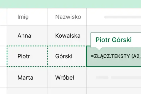 Jak stworzyć automatyczny generator imion i nazw własnych za pomocą formuł: przykład łączenia imienia "Piotr" i nazwiska "Górski".