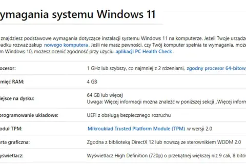Wymagania systemu Windows 11: procesor 1 GHz/2 rdzenie, 4 GB RAM, 64 GB dysku, UEFI, TPM 2.0, DirectX 12, HD.