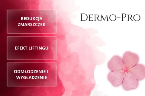 Dermo-Pro krem z Rossmann: redukcja zmarszczek, efekt liftingu, odmłodzenie i wygładzenie. Różowy kwiat symbolizuje piękno.