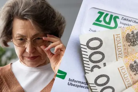 Starsza pani z okularami analizuje dokumenty ZUS i polskie banknoty. Czy to dodatek do renty socjalnej?
