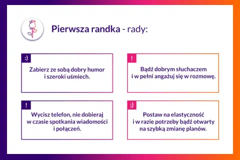 Pierwsza randka - rady: dobry humor, słuchaj, wycisz telefon, bądź elastyczny. Pomysły na udane spotkanie.
