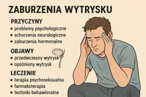 Mężczyzna z bólem głowy, problemy z wytryskiem, przyczyny, objawy i leczenie.