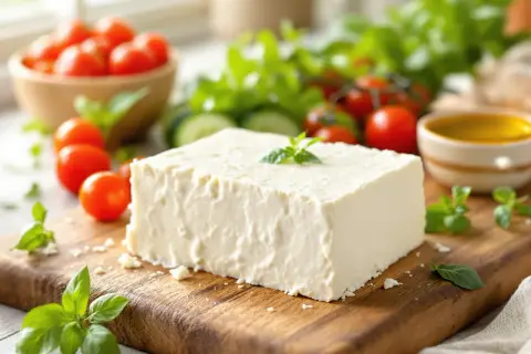 Kostka sera feta na desce z pomidorkami, ogórkiem i bazylią. Czy feta jest zdrowa? Tak, to pyszny i zdrowy dodatek do sałatek.