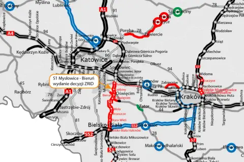 Mapa drogowa z zaznaczoną trasą S1, łączącą Mysłowice z Bieruniem i Oświęcimiem.