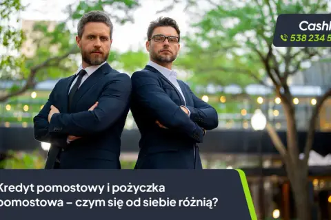 Dwóch mężczyzn w garniturach, gotowych pomóc w uzyskaniu pożyczki pomostowej.