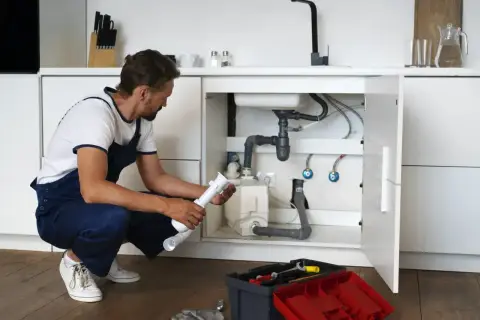 Hydraulik w ogrodniczkach naprawia syfon pod zlewem. Zastanawiasz się, ile zarabia hydraulik?