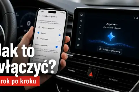Ręka trzyma telefon z włączonym lusterkiem w telefonie, pokazującym ustawienia asystenta Gemini. Obok ekran samochodu z tym samym asystentem.
