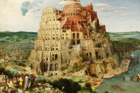 Monumentalna wieża Babel w budowie, z licznymi robotnikami i statkami w tle.