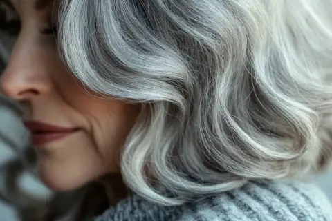 El cabello plateado de una mujer, con ondas suaves, muestra la belleza natural de porque salen las canas.