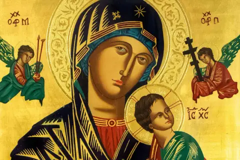 Ikona Matki Bożej z Dzieciątkiem, otoczona aniołami. W tle złoto, symbolizujące boskie światło. Paraklet, pocieszyciel, obecny w tej świętej scenie.