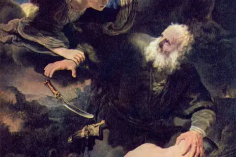 Anioł powstrzymuje rękę Abrahama, by nie złożył syna w ofierze. Obok leży nóż, symbol okrutnego moloch.