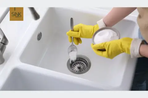 Ręce w żółtych rękawiczkach wsypują sodę do odpływu zlewu, by zapobiec zapowietrzonym rur odpływowym.