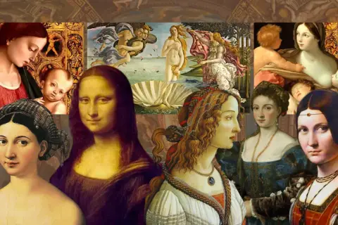 A collage of Renaissance paintings showcasing idealized women, reflecting renaissance beauty standards. Mona Lisa, Venus, and mothers with children are featured.