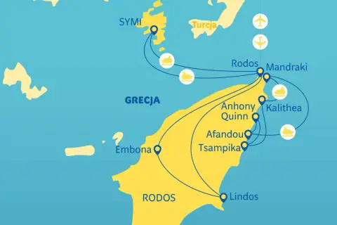 Mapa Grecji z zaznaczonym Rodos, Symi i Turcją. Pokazuje trasy morskie i lotnicze. Rodos czy warto? Zdecydowanie tak!