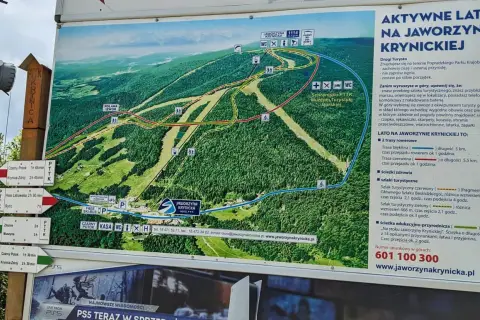 Mapa Jaworzyny Krynickiej z zaznaczonymi szlakami turystycznymi i rowerowymi. Najkrótszy szlak na Jaworzynę Krynicką jest oznaczony jako ścieżka edukacyjno-przyrodnicza.