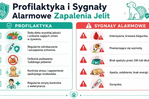 Profilaktyka i sygnały alarmowe zapalenia jelit u psa: biegunka, wymioty, brak apetytu, apatia, gorączka.